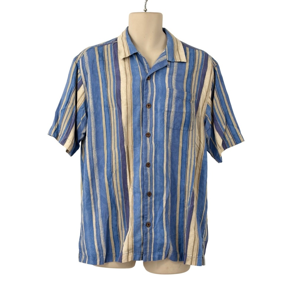 Tommy Bahama Mens Blue Striped 100% Silk Short Sleeve Button Down Shirt Medium